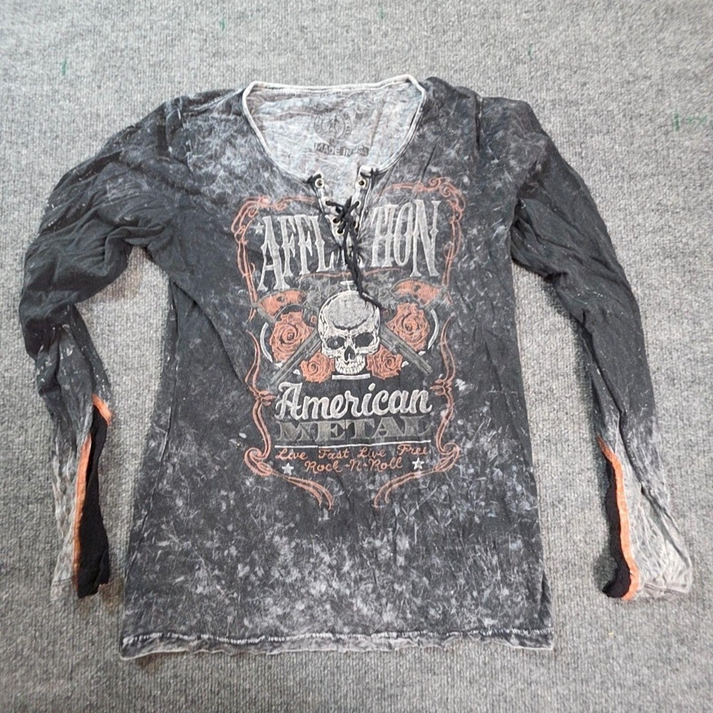Affliction Shirt Womens One Size Black American Metal Skull Graphic Lace Up